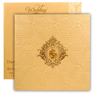 Gold theme hindu wedding cards with Ganesha, Self embossed card invitation